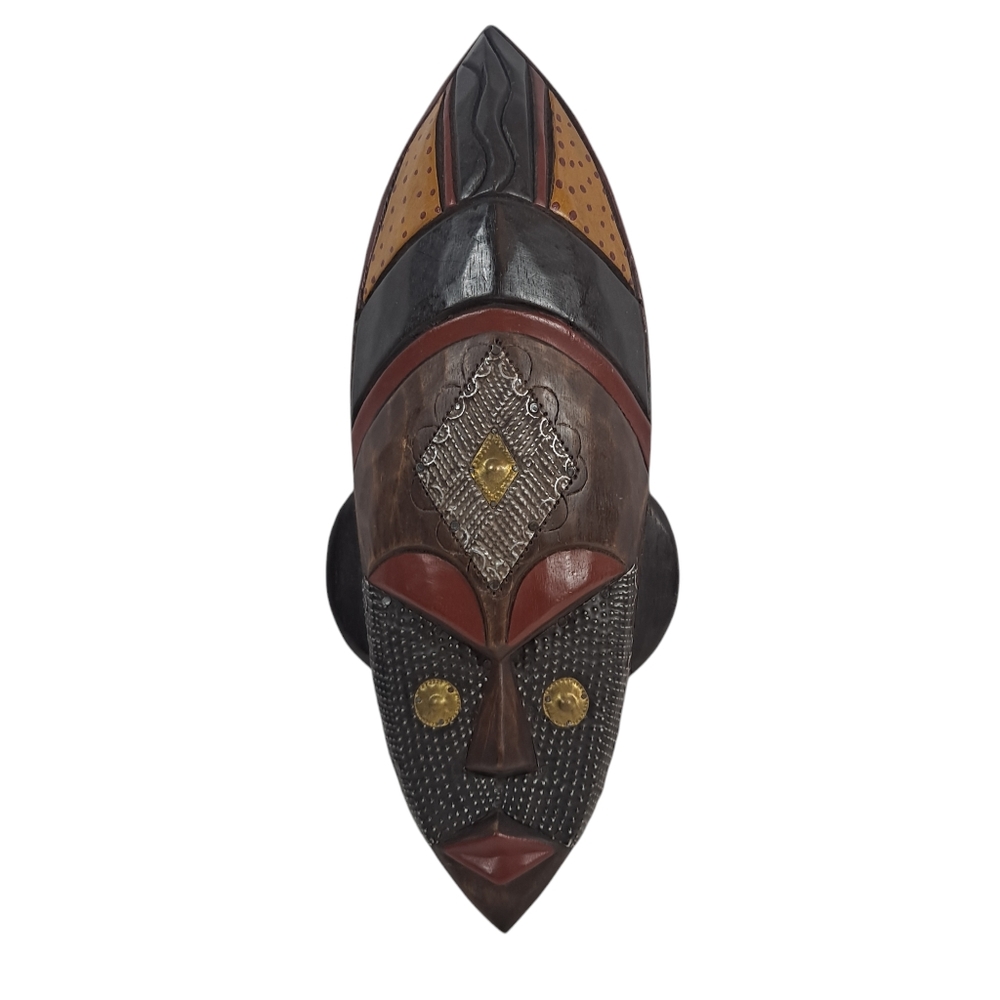 Handcrafted African Mask Wood Metal Wall Art Brown Red Home Decor